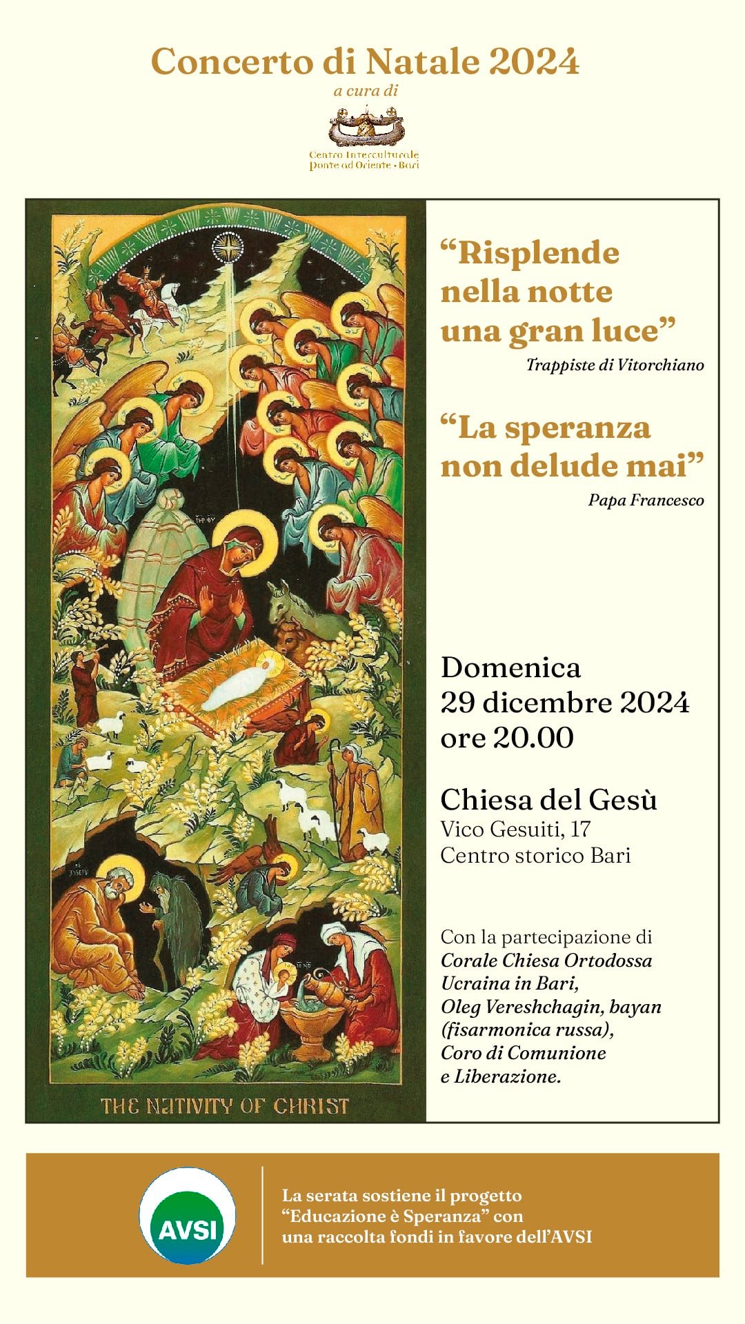 Featured image for “Bari: “La speranza non delude mai”. Concerto di Natale. Tende AVSI”