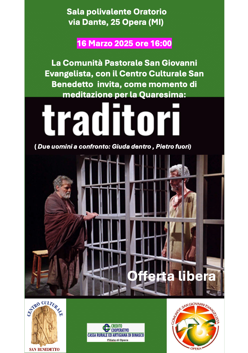 Featured image for “Opera (Mi): Traditori. Rappresentazione teatrale su Giuda e Pietro”