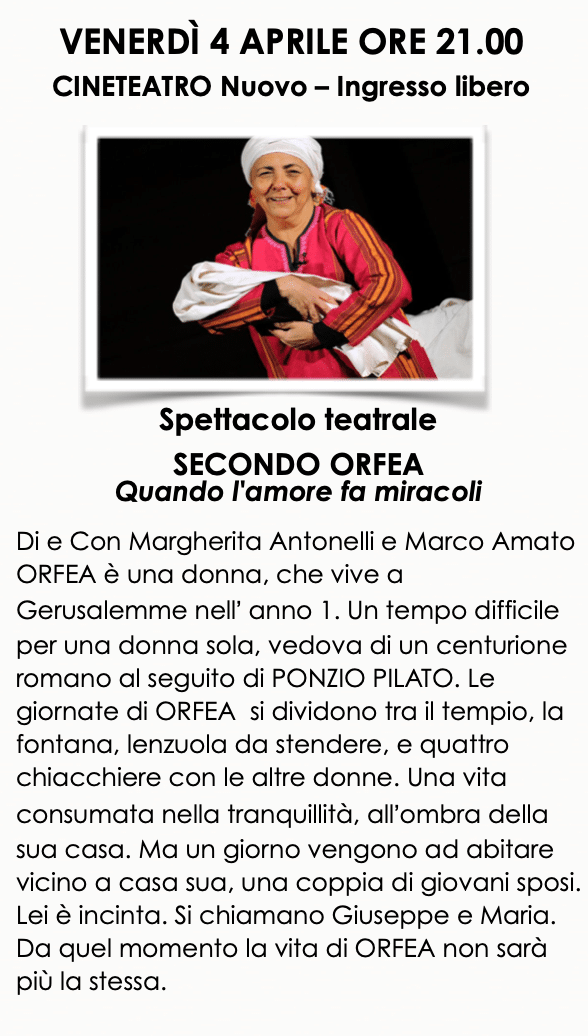 Featured image for “Arcore (MB): Spettacolo teatrale SECONDO ORFEA. Quando l’amore fa miracoli”