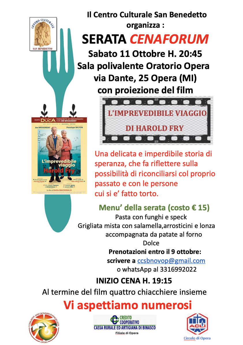 Featured image for “Opera (Mi): L’imprevedibile viaggio di Harold Fry. “Serata Cenaforum””