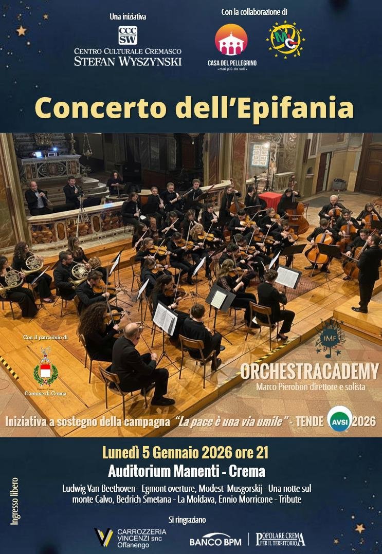 Featured image for “Crema: Concerto dell’Epifania. Marco Pierbon direttore e solista. Tende Avsi”